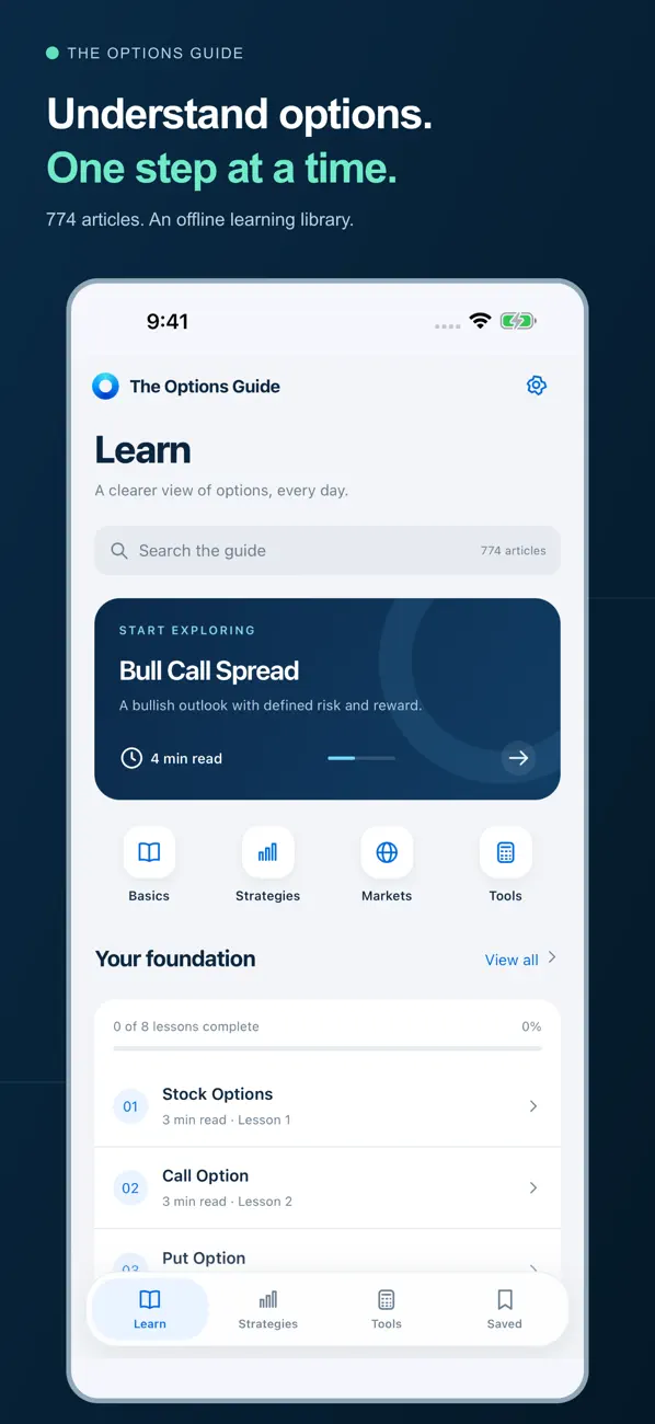 The Options Guide app’s Learn screen, showing lessons, strategies, markets and tools
